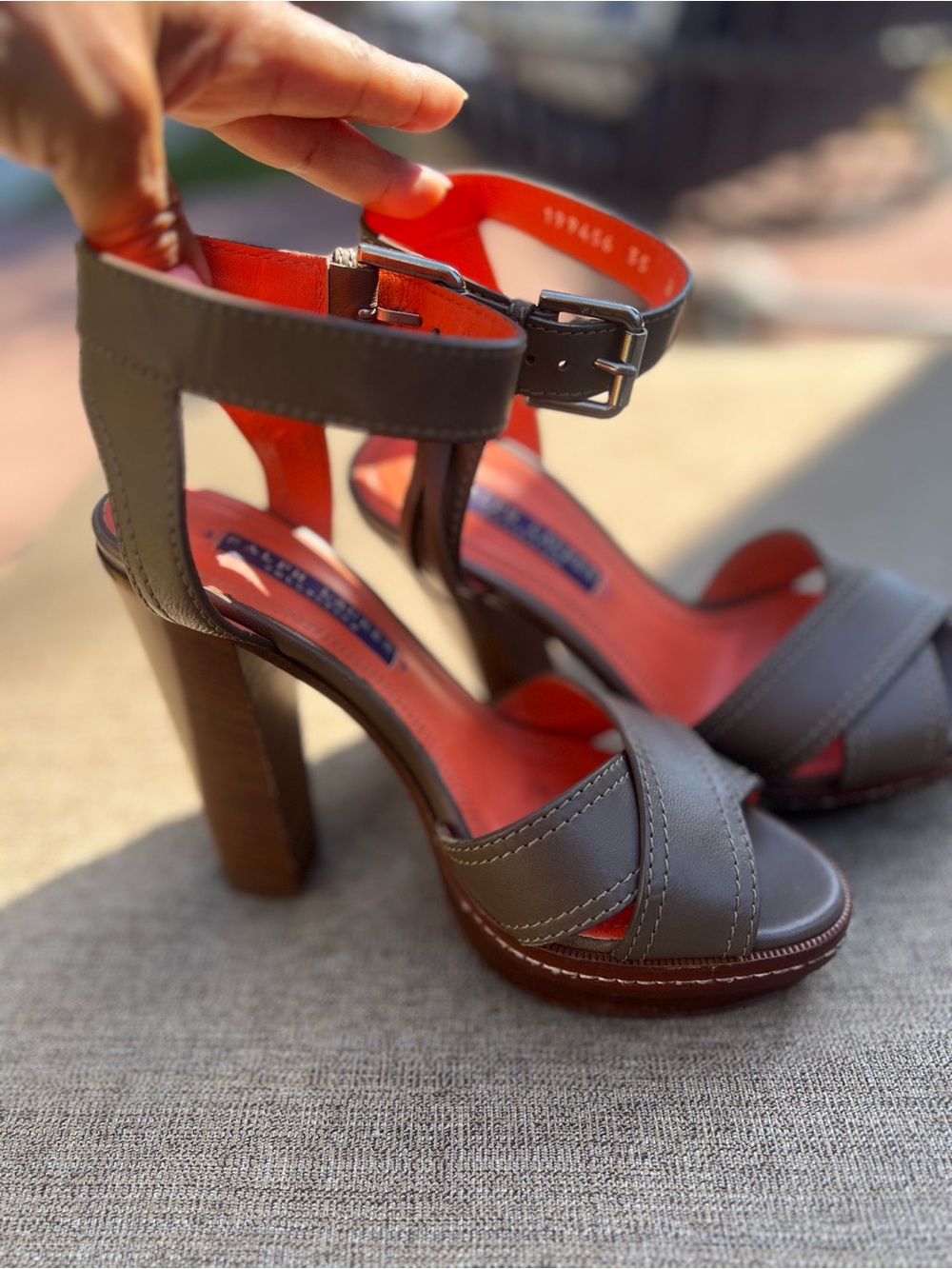 Ralph Lauren Gray Leather Platform Ankle-Strap Heels with Orange Insole